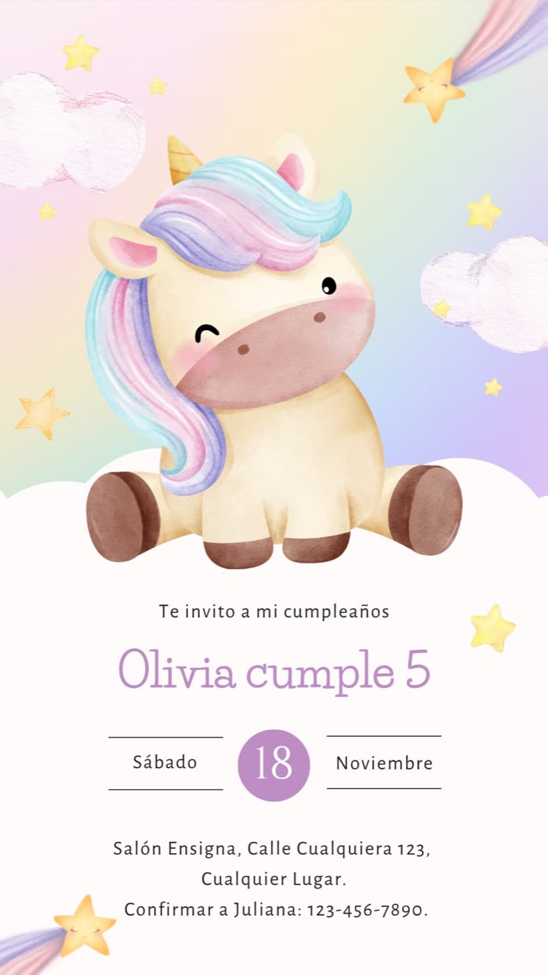 Invitación · Niños — Cumpleaños — Unicornio — Olivia