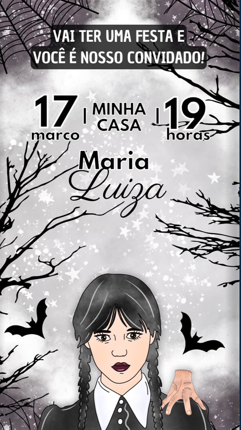 Invitación · Niños — Cumpleaños estilo Merlina — Maya